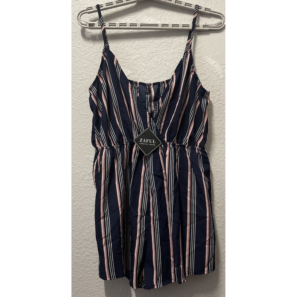 NWT Zaful Forever Young Women's Striped Blue Romper Spaghetti Straps SZ XL